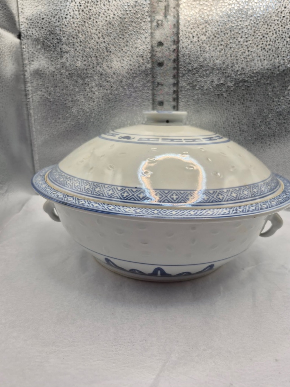 Vintage Chinese Porcelain Pottery Bowl - Asian Tureen with Rice Grain Eyes